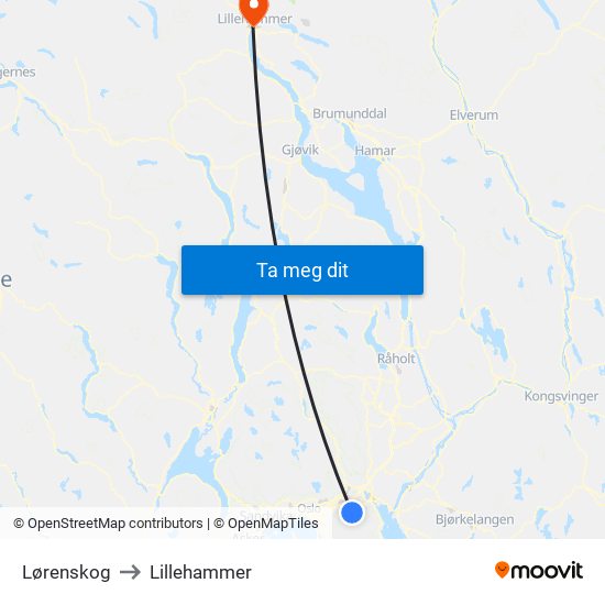 Lørenskog to Lillehammer map