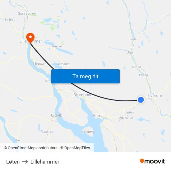 Løten to Lillehammer map