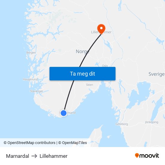 Marnardal to Lillehammer map