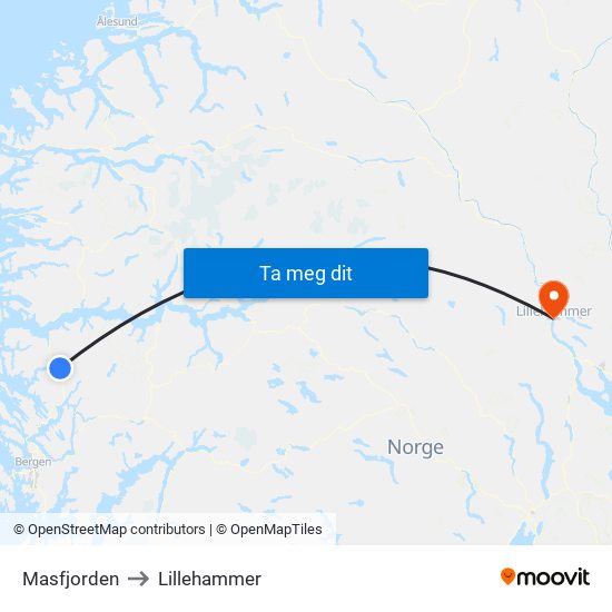 Masfjorden to Lillehammer map