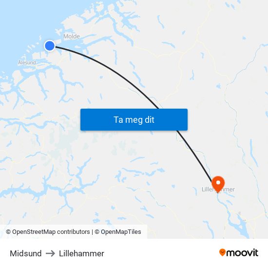 Midsund to Lillehammer map
