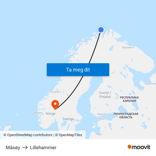 Måsøy to Lillehammer map