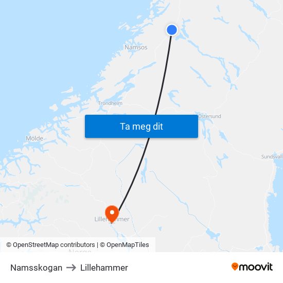 Namsskogan to Lillehammer map