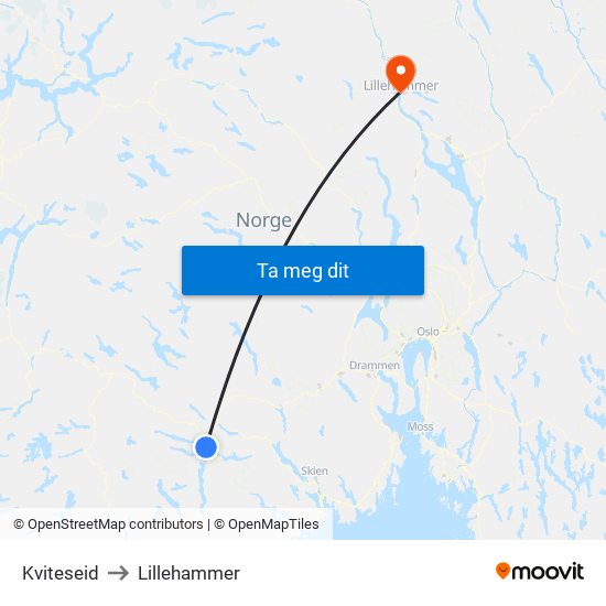 Kviteseid to Lillehammer map