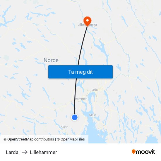 Lardal to Lillehammer map