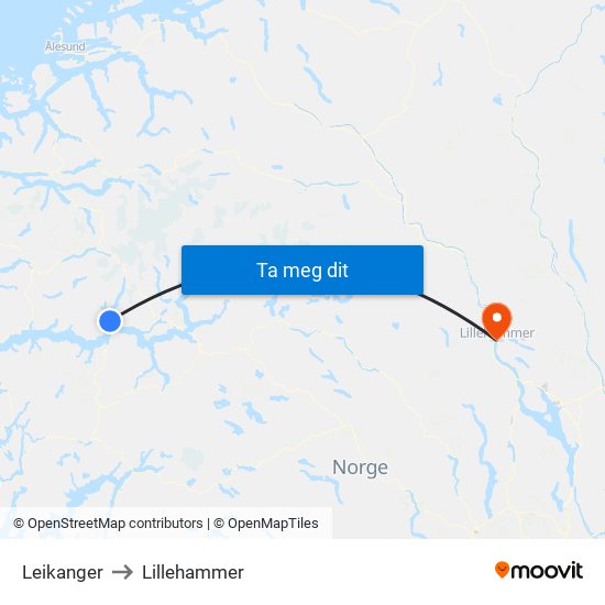 Leikanger to Lillehammer map