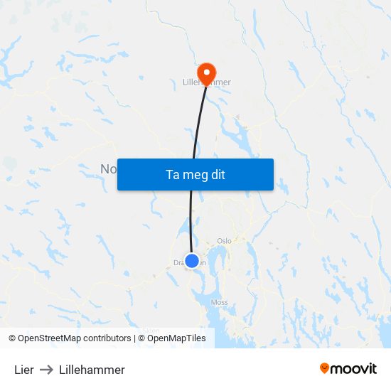 Lier to Lillehammer map