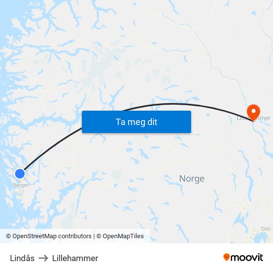 Lindås to Lillehammer map