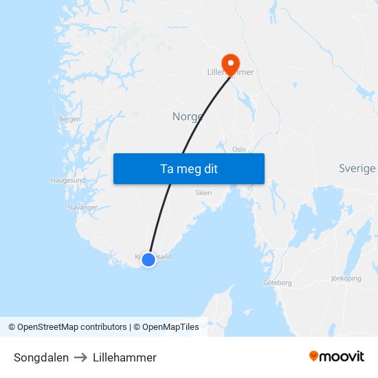 Songdalen to Lillehammer map