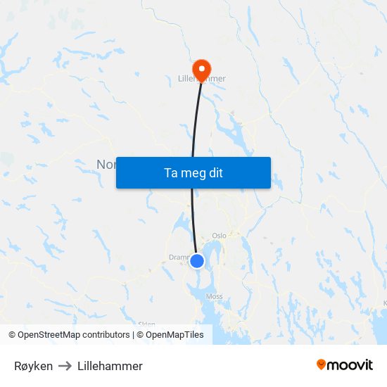 Røyken to Lillehammer map