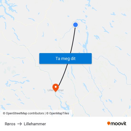 Røros to Lillehammer map
