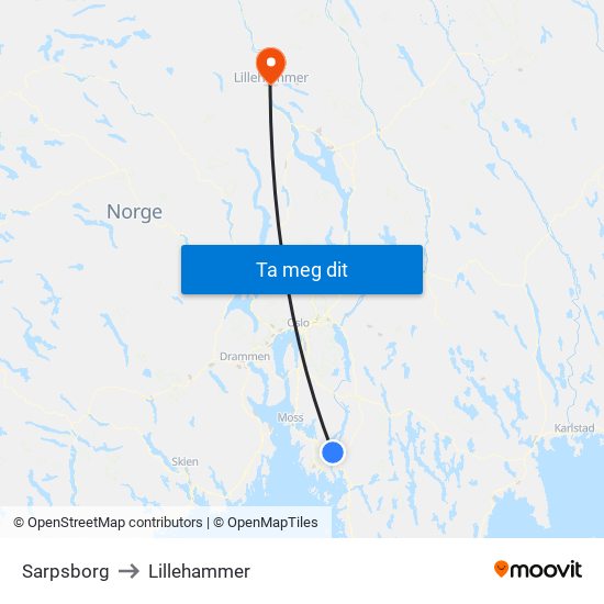 Sarpsborg to Lillehammer map