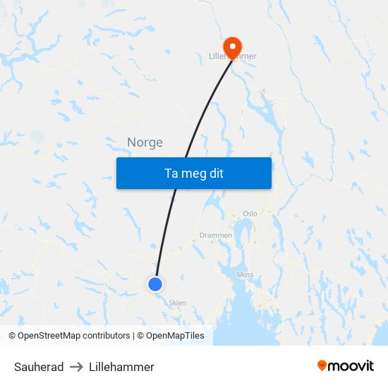 Sauherad to Lillehammer map
