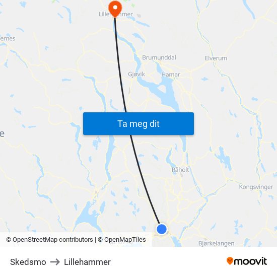 Skedsmo to Lillehammer map