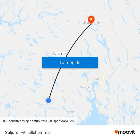 Seljord to Lillehammer map