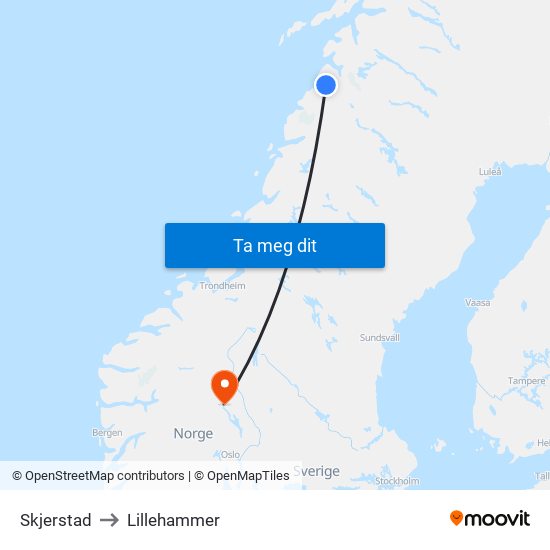 Skjerstad to Lillehammer map