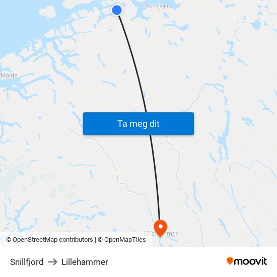 Snillfjord to Lillehammer map