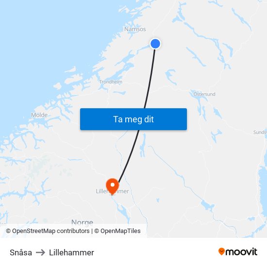 Snåsa to Lillehammer map