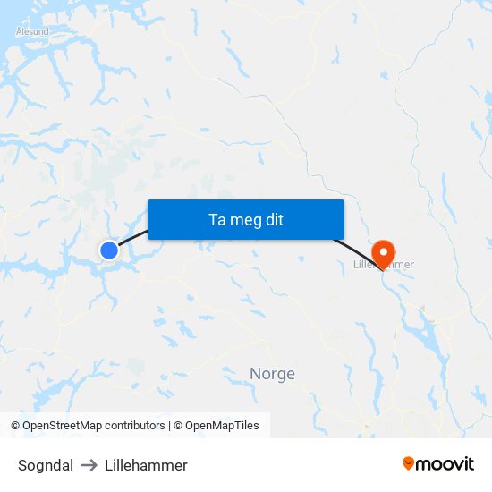 Sogndal to Lillehammer map