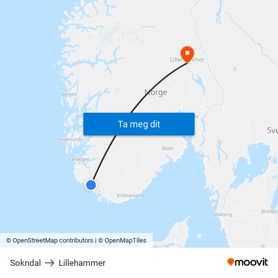 Sokndal to Lillehammer map