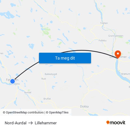 Nord-Aurdal to Lillehammer map