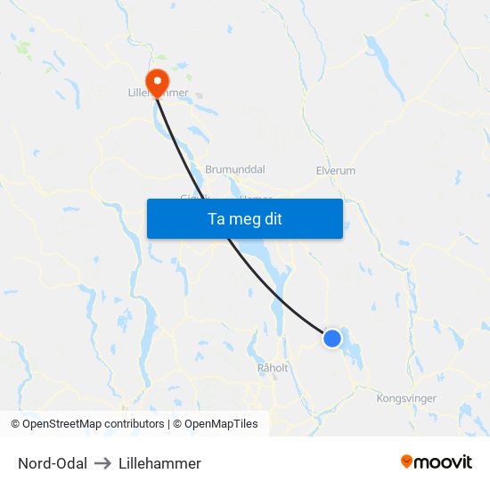 Nord-Odal to Lillehammer map