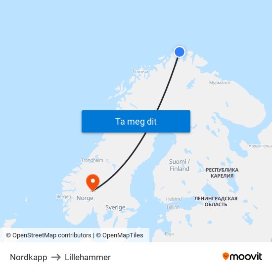 Nordkapp to Lillehammer map