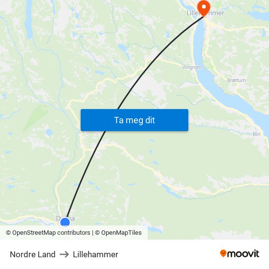 Nordre Land to Lillehammer map