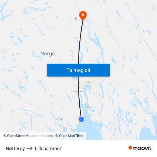 Nøtterøy to Lillehammer map