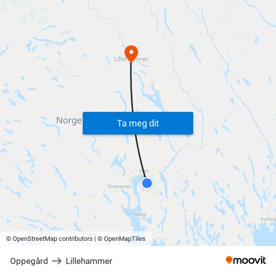 Oppegård to Lillehammer map