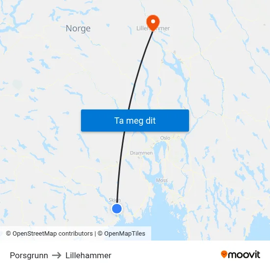 Porsgrunn to Lillehammer map