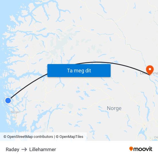 Radøy to Lillehammer map