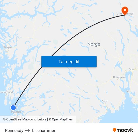 Rennesøy to Lillehammer map