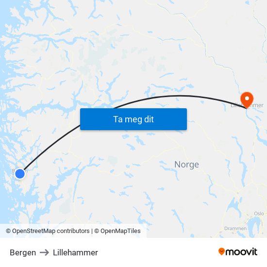 Bergen to Lillehammer map