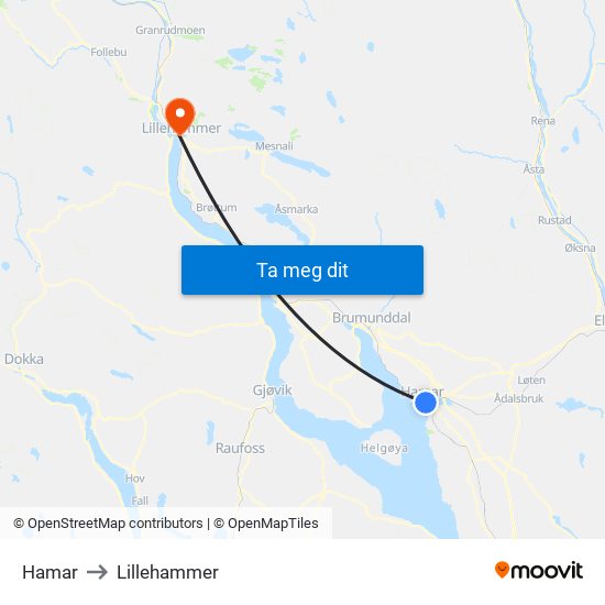 Hamar to Lillehammer map