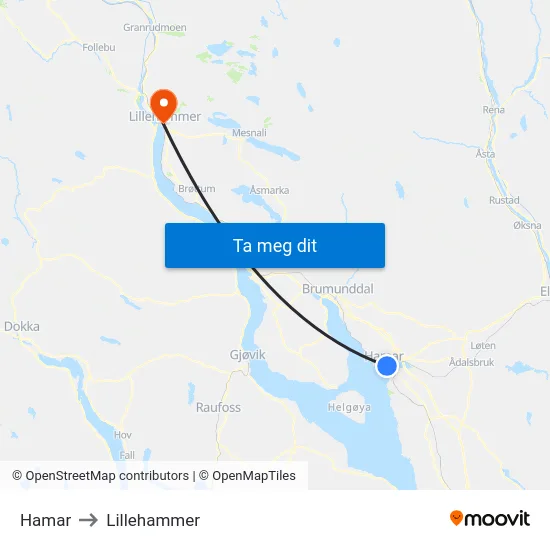 Hamar to Lillehammer map