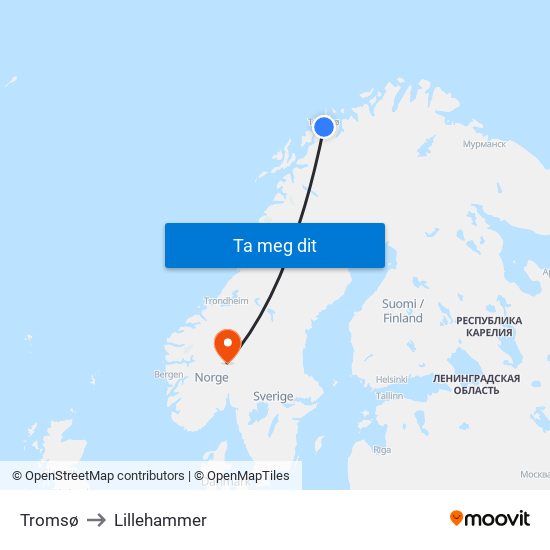 Tromsø to Lillehammer map