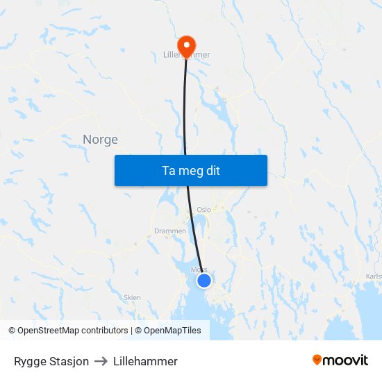 Rygge Stasjon to Lillehammer map