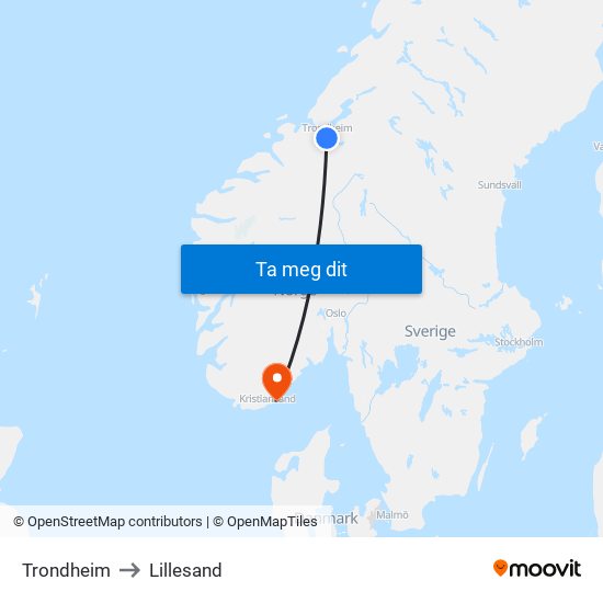 Trondheim to Lillesand map