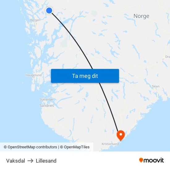 Vaksdal to Lillesand map