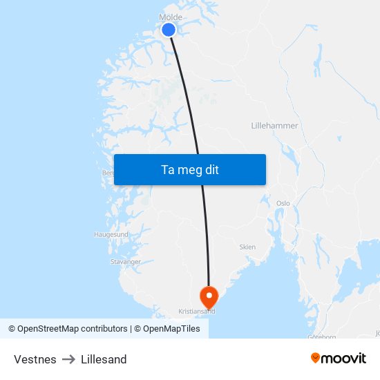 Vestnes to Lillesand map