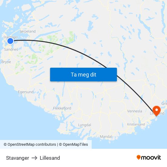 Stavanger to Lillesand map