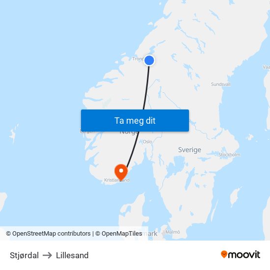 Stjørdal to Lillesand map