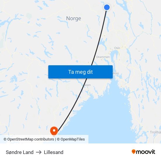 Søndre Land to Lillesand map