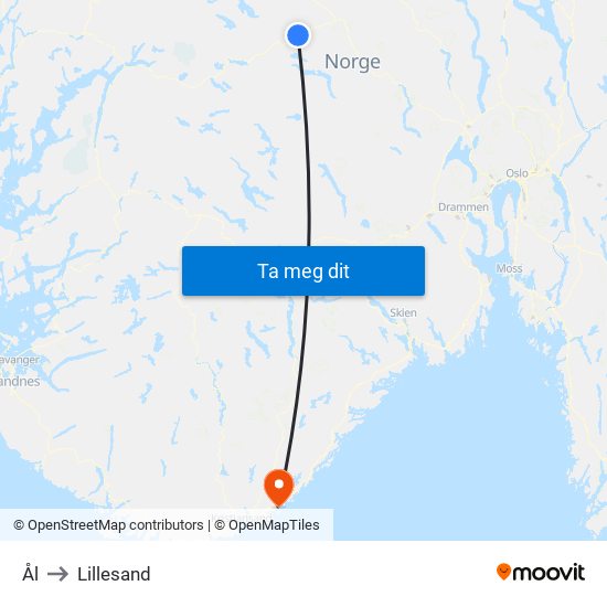 Ål to Lillesand map