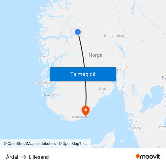 Årdal to Lillesand map