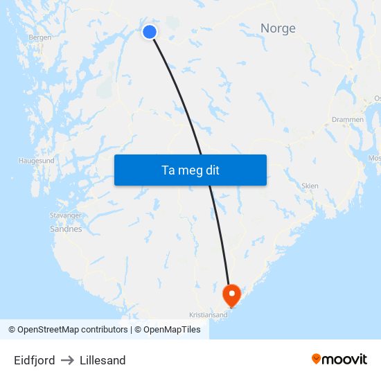 Eidfjord to Lillesand map