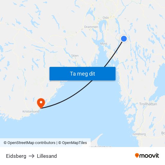 Eidsberg to Lillesand map