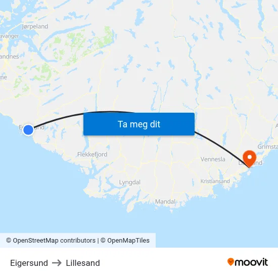 Eigersund to Lillesand map