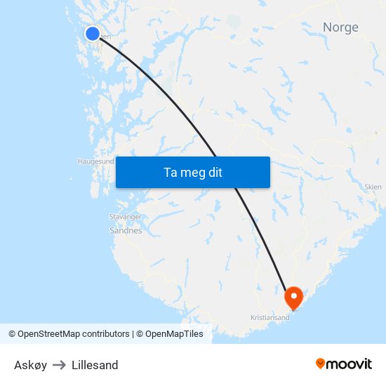 Askøy to Lillesand map